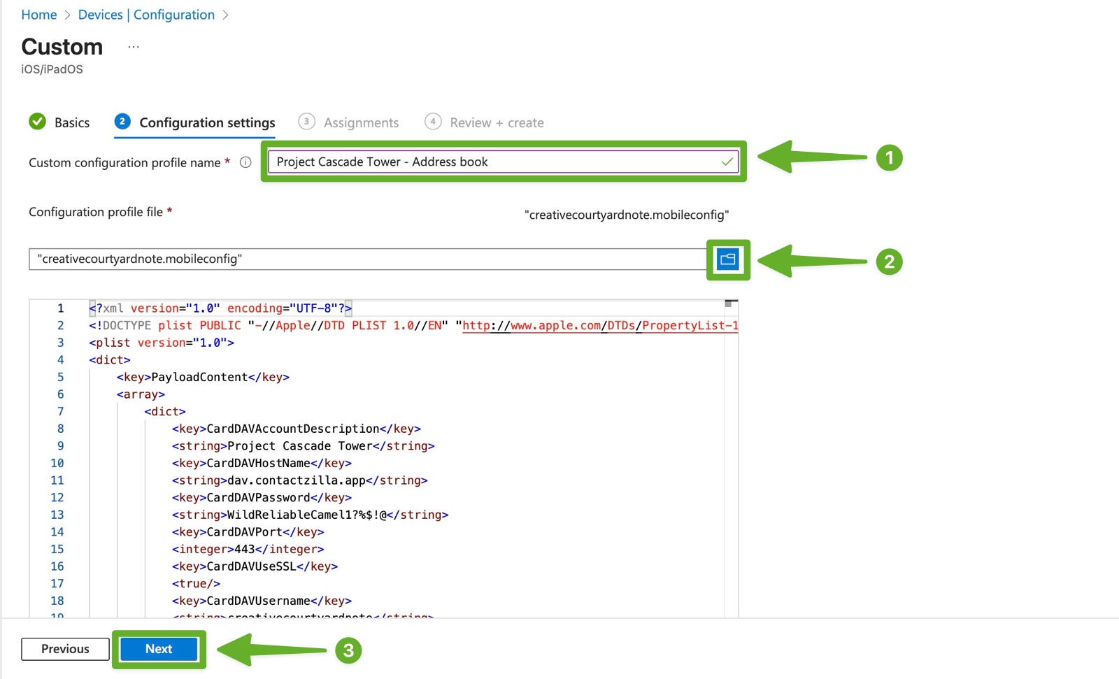 Microsoft Intune configuration settings tab showing how to set a profile name and upload the Contactzilla .mobileconfig file for iOS CardDAV deployment.