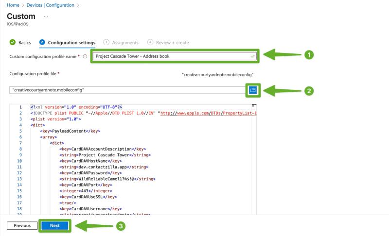 Microsoft Intune configuration settings tab showing how to set a profile name and upload the Contactzilla .mobileconfig file for iOS CardDAV deployment.