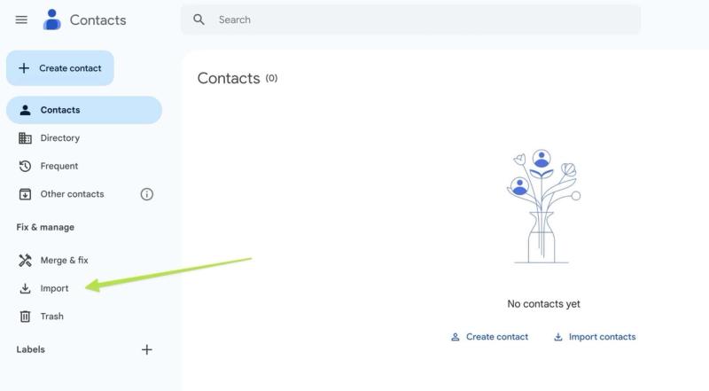Screenshot showing the import option in Google Contacts