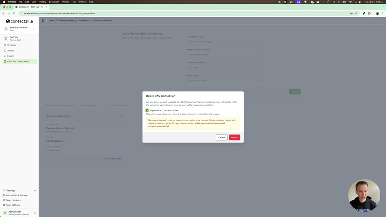 Contactzilla interface showing the device connection has been deleted and is no longer listed