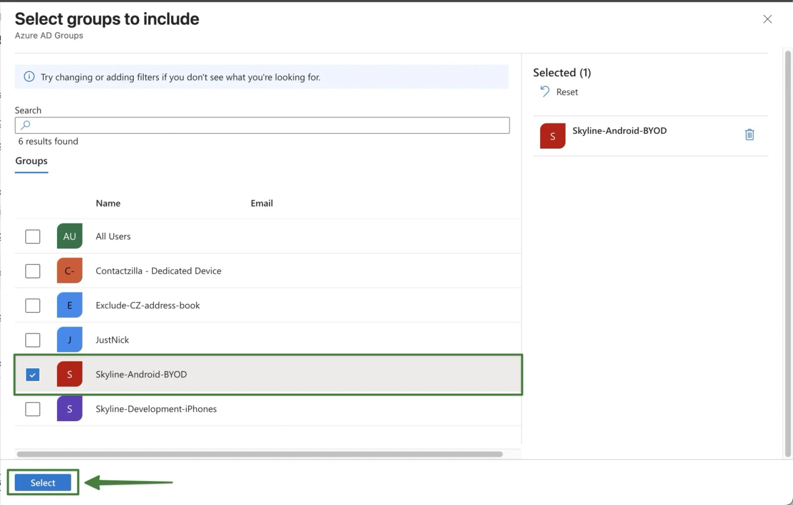 Intune ‘Select groups to include’—choosing the Skyline-Android-BYOD device group and clicking Select to target the app configuration policy.