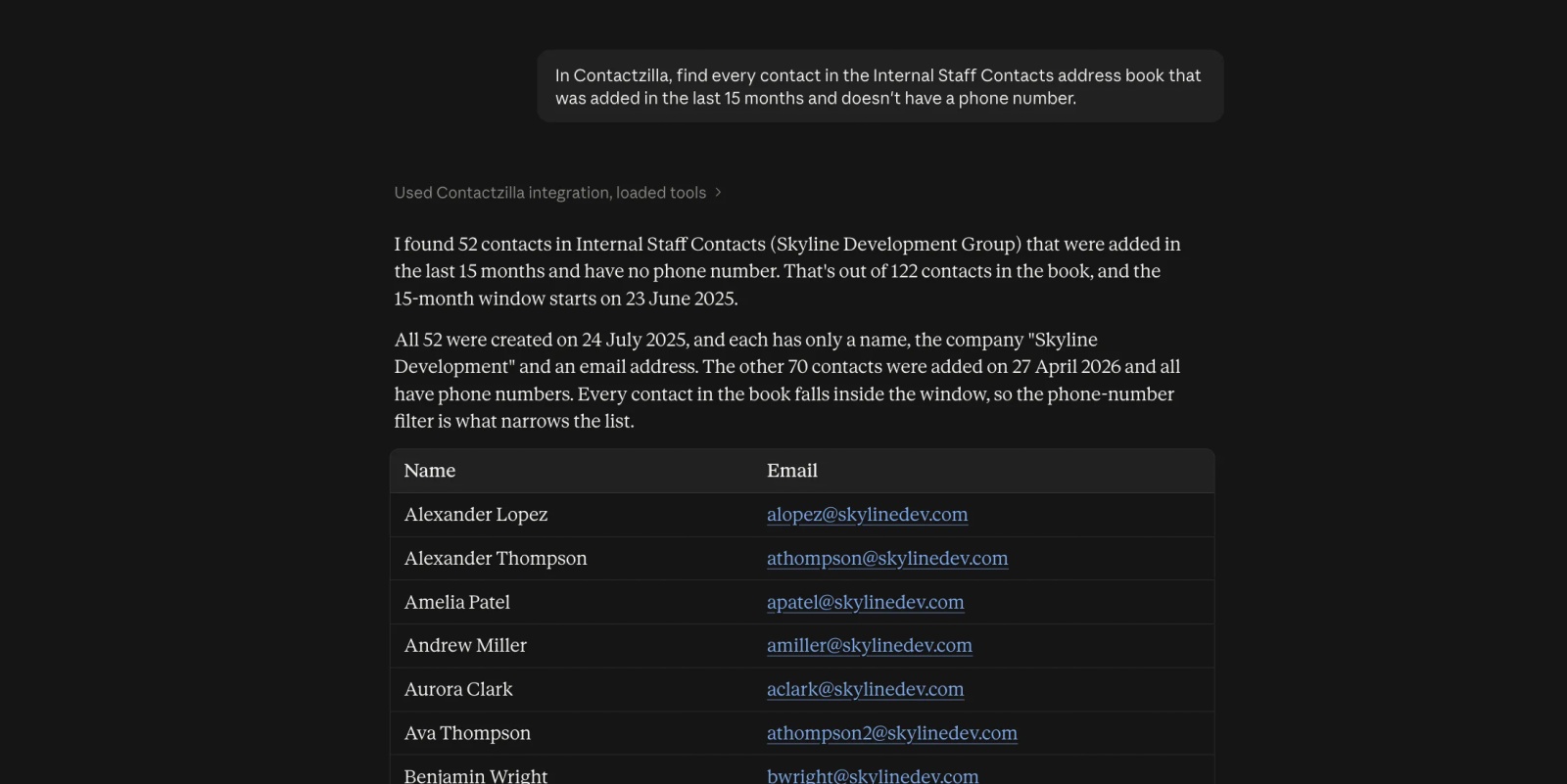 Claude's answer to a request for every contact in Contactzilla's Internal Staff Contacts address book added in the last 15 months with no phone number, listing 52 matching names and emails in a table.