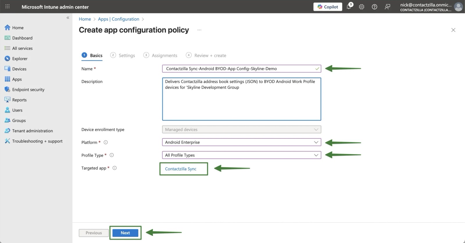 Create app configuration policy — Basics tab with name, description, Android Enterprise platform, All Profile Types, and Targeted app set to Contactzilla Sync.
