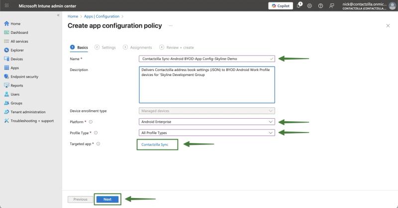 Create app configuration policy — Basics tab with name, description, Android Enterprise platform, All Profile Types, and Targeted app set to Contactzilla Sync.