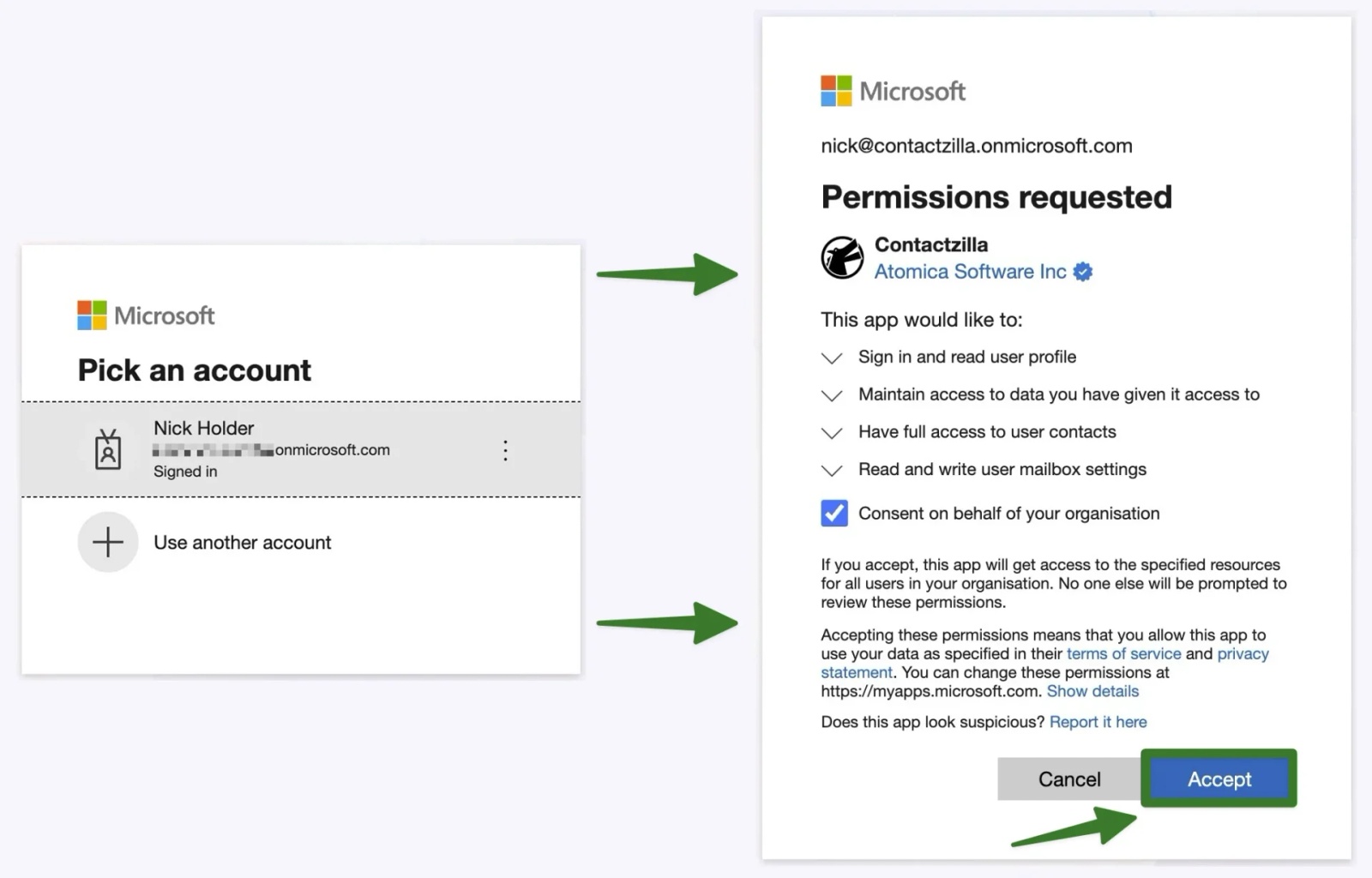 Authenticate Contactzilla with Microsoft Entra ID using the Microsoft OAuth consent flow