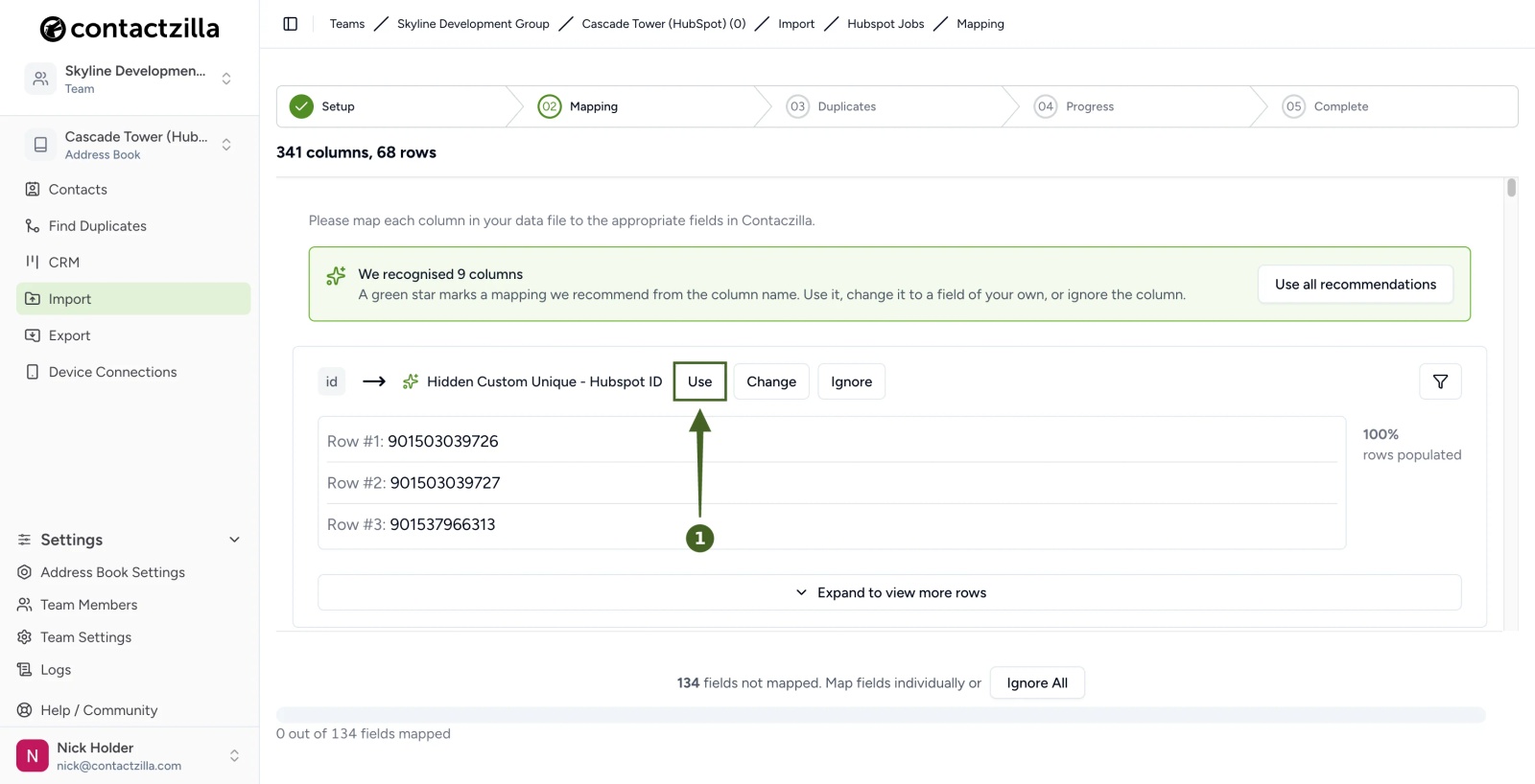 Contactzilla HubSpot mapping step with the id column recommended as Hidden Custom Unique - Hubspot ID and the Use button highlighted