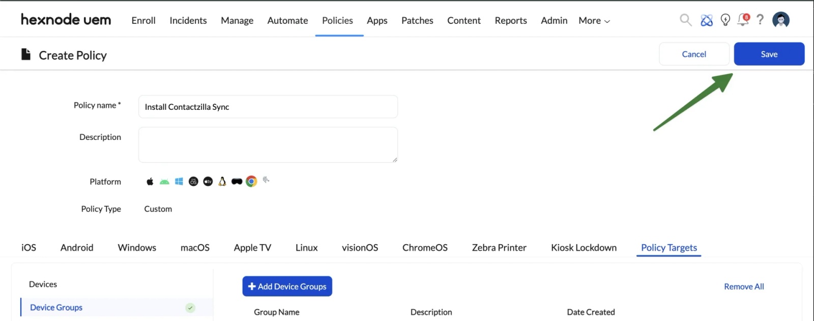 Hexnode UEM Create Policy screen showing the Install Contactzilla Sync policy with the Save button highlighted to apply the policy.