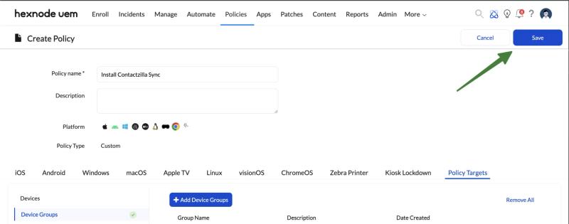 Hexnode UEM Create Policy screen showing the Install Contactzilla Sync policy with the Save button highlighted to apply the policy.