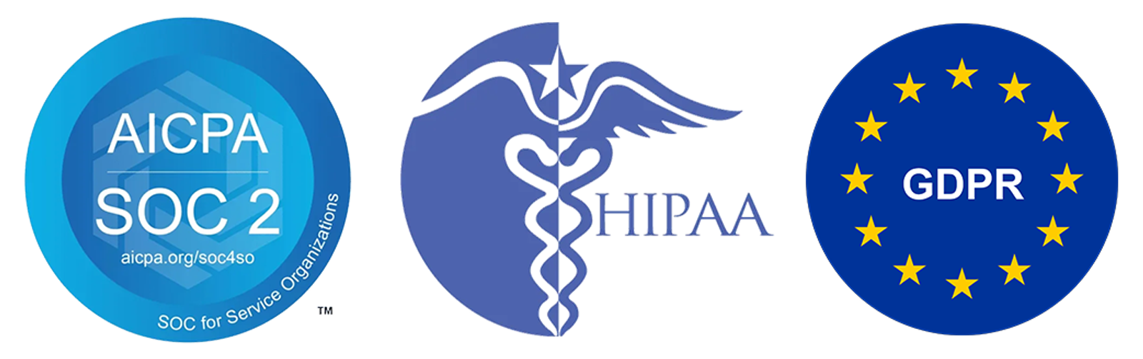 Security badges for Soc II, HIPAA and GDPR certifications.