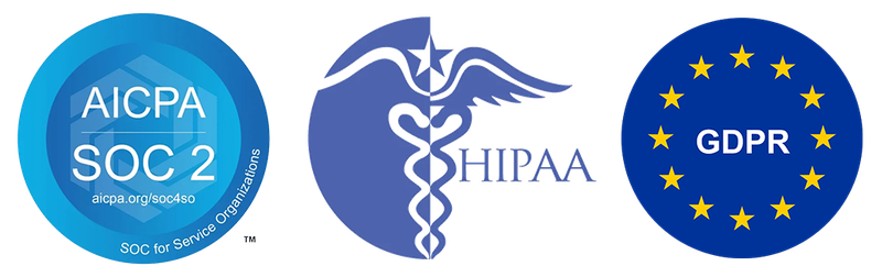 Security badges for Soc II, HIPAA and GDPR certifications.