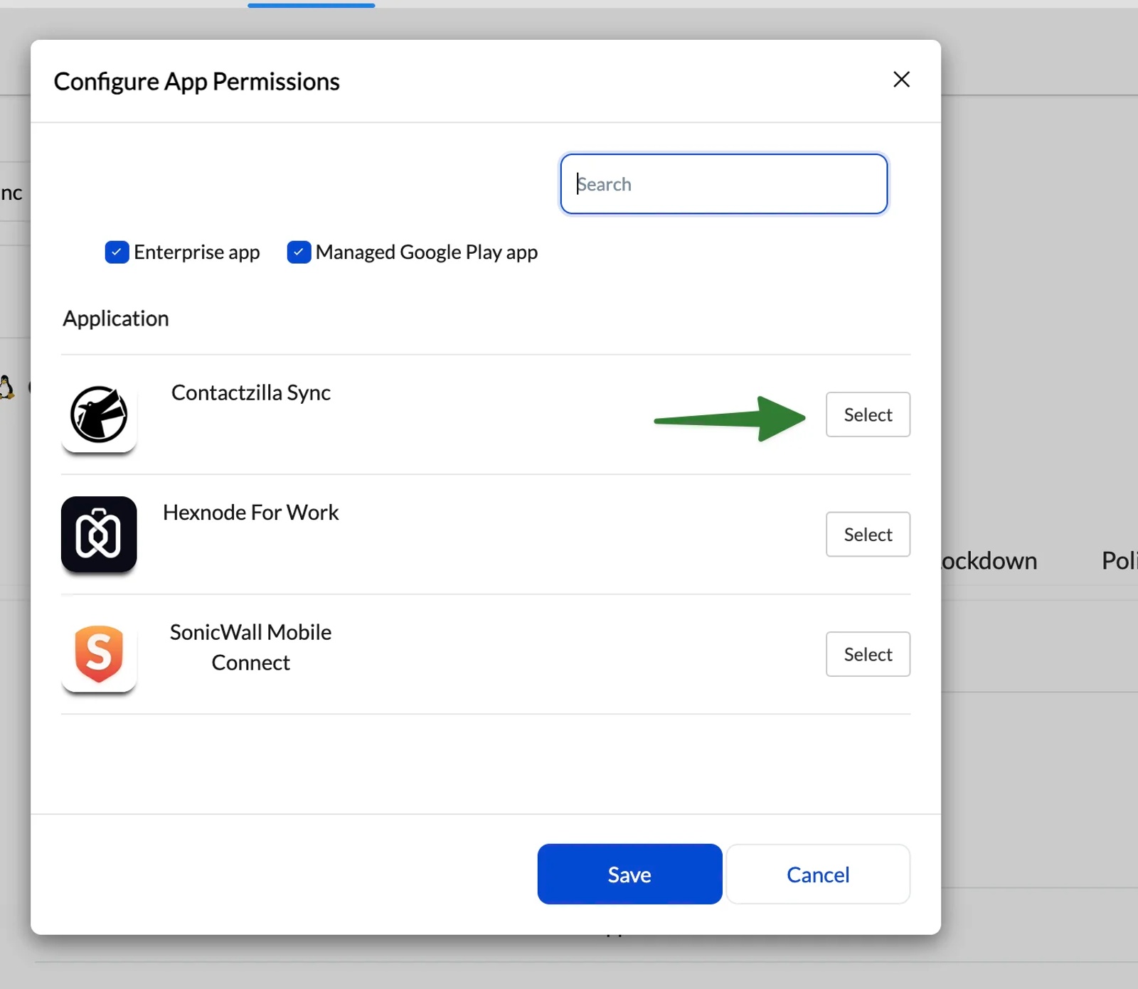 Configure App Permissions modal displaying Contactzilla Sync in the application list with the Select button highlighted.