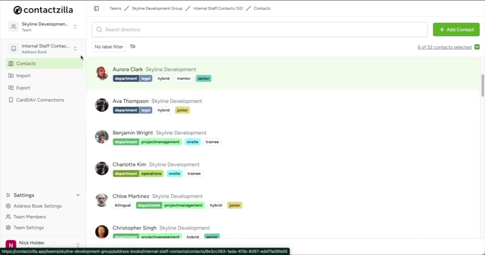 Skyline Development Group team showing three address books: Internal Staff Contacts, project contacts, and Critical Project Partners