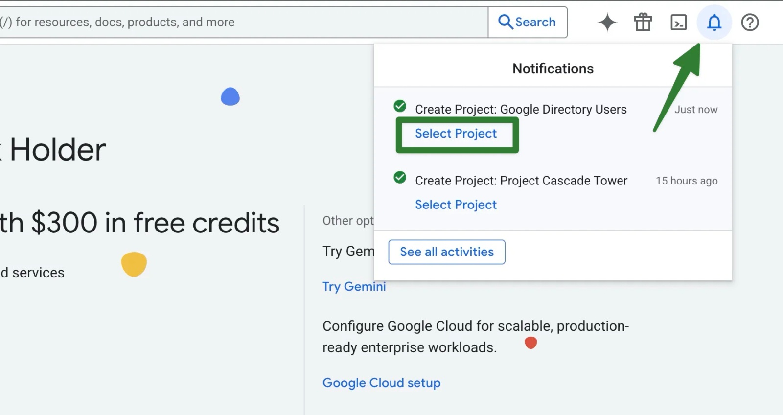 Google Cloud notification panel displaying the newly created Google Directory Users project with a Select Project button.