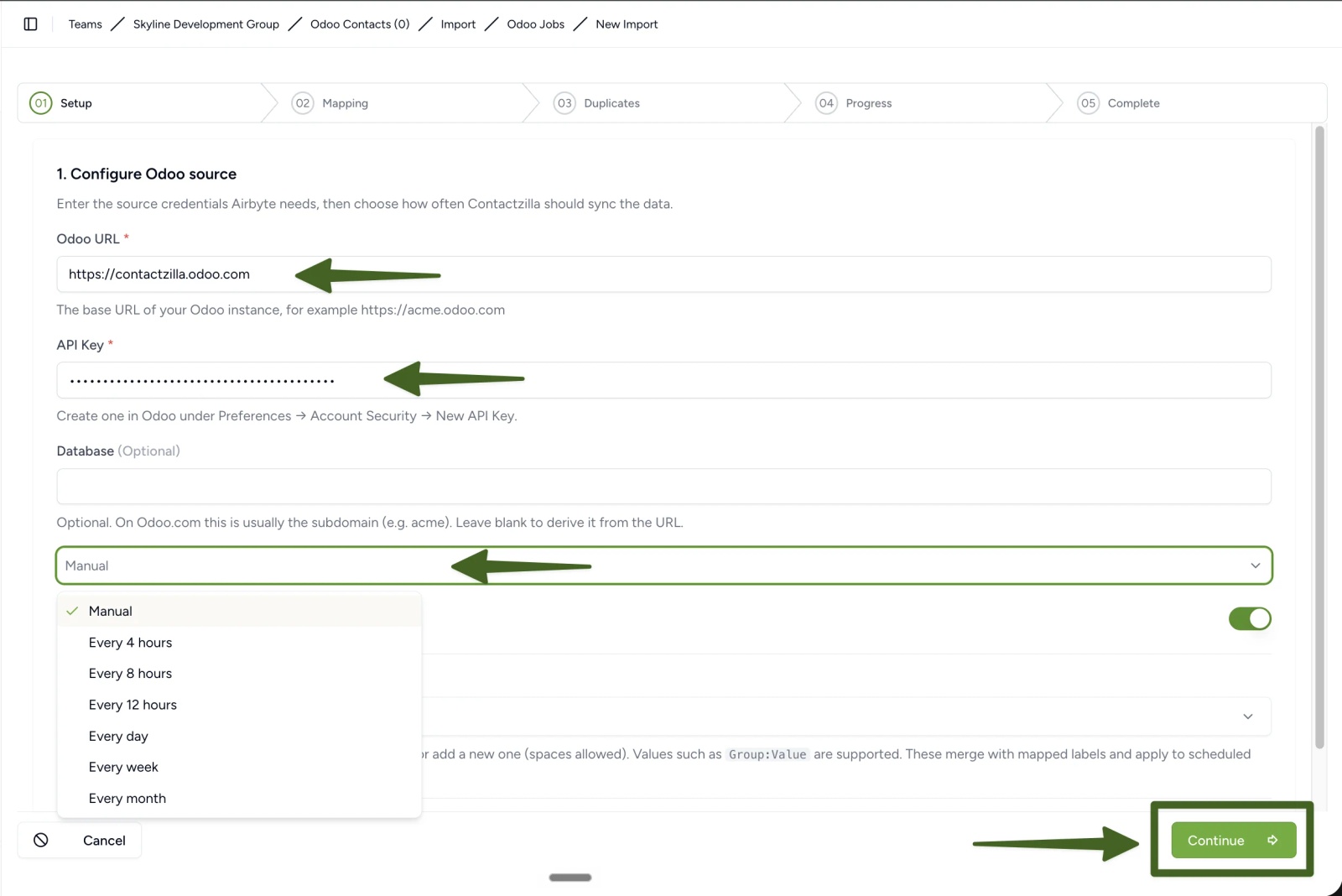 Configure Odoo source screen with Odoo URL, API Key, optional Database field and a sync schedule dropdown set to Manual.