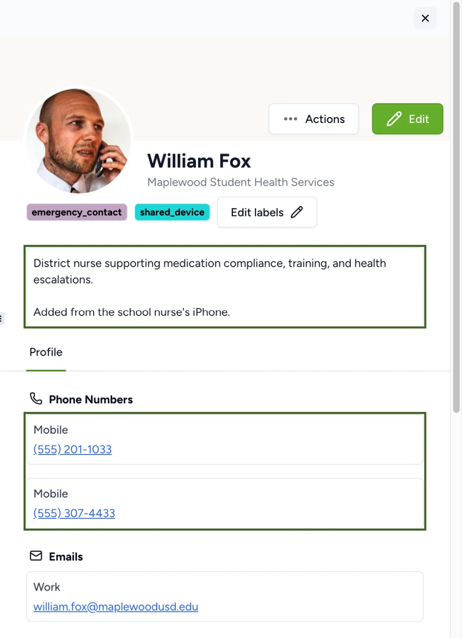 Contactzilla contact William Fox after the merge, keeping his photo, name and labels, with the note from Will Fox added to his bio and both mobile numbers listed.