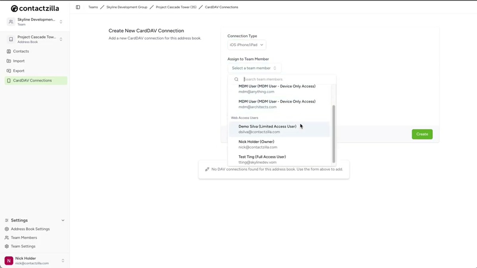 Contactzilla dashboard showing CardDAV connections page with iOS selected as connection type