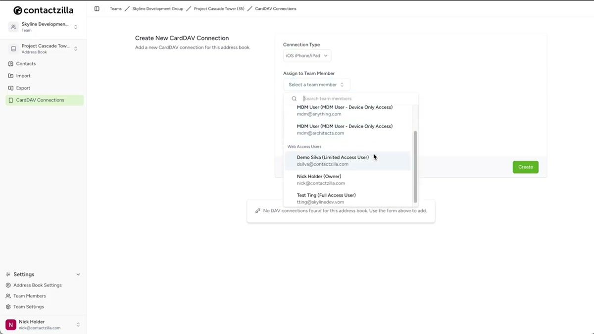 Contactzilla dashboard showing CardDAV connections page with iOS selected as connection type