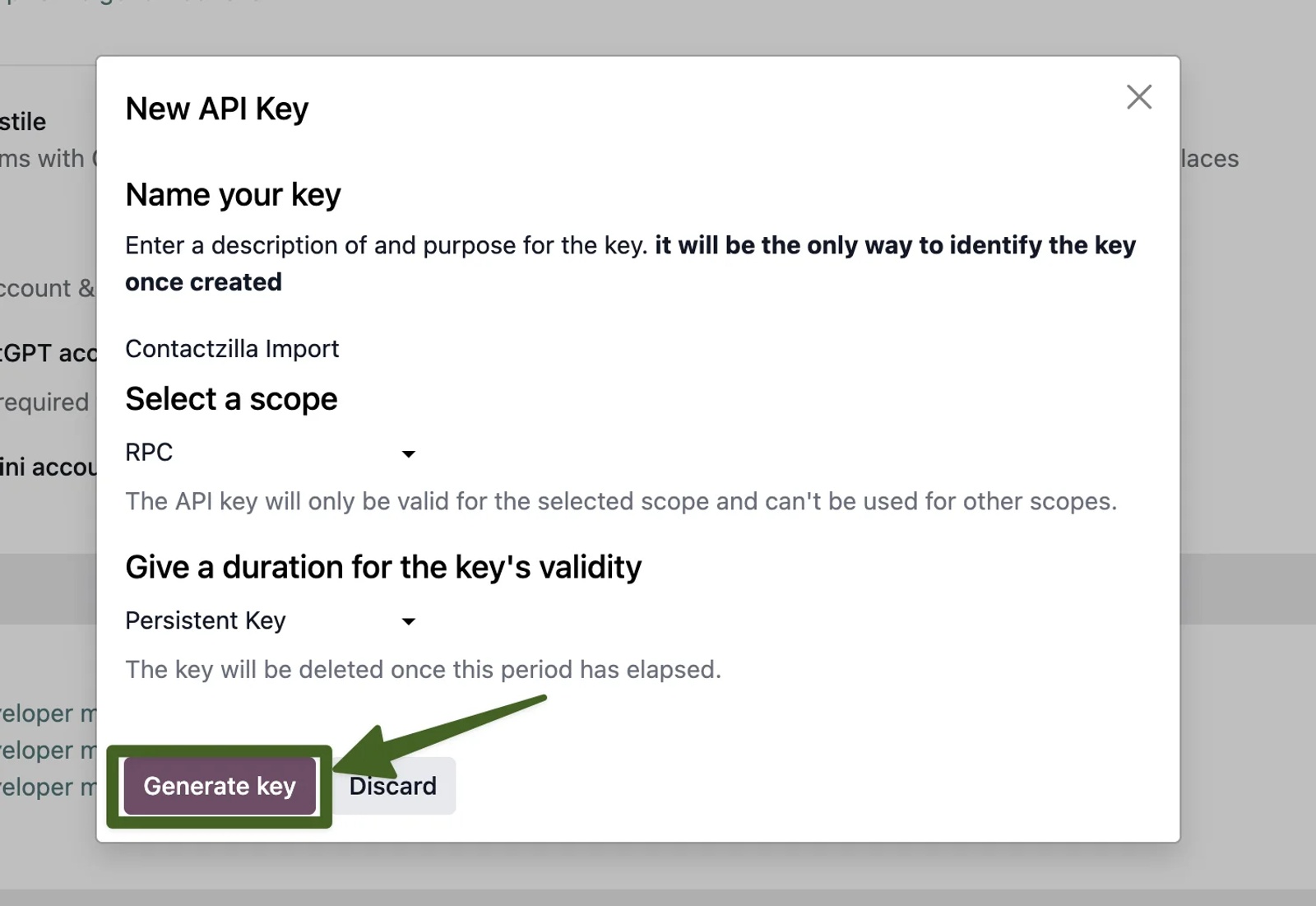 Odoo New API Key dialog with the key named, RPC scope selected, and Persistent Key duration, before clicking Generate key.