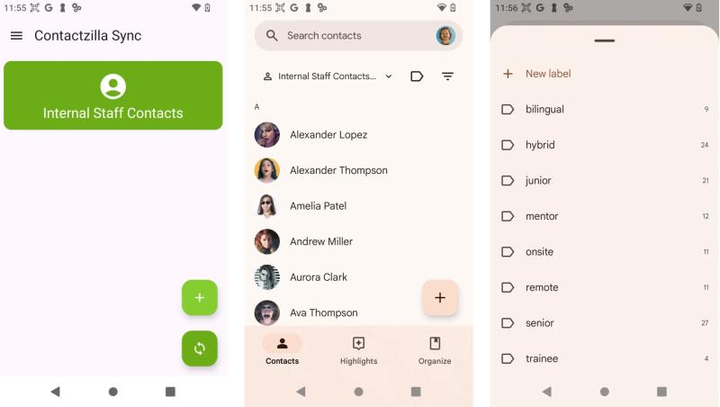 Three screenshots from an Android device showing contacts successfully synced via the Contactzilla Sync app. The first screen displays the Contactzilla Sync home screen with a synced address book titled “Internal Staff Contacts.” The second screen shows the native Contacts app, listing synced contact names like Alexander Lopez and Amelia Patel. The third screen reveals a set of labels (such as “bilingual,” “remote,” and “senior”) used to categorize the synced contacts on the device.