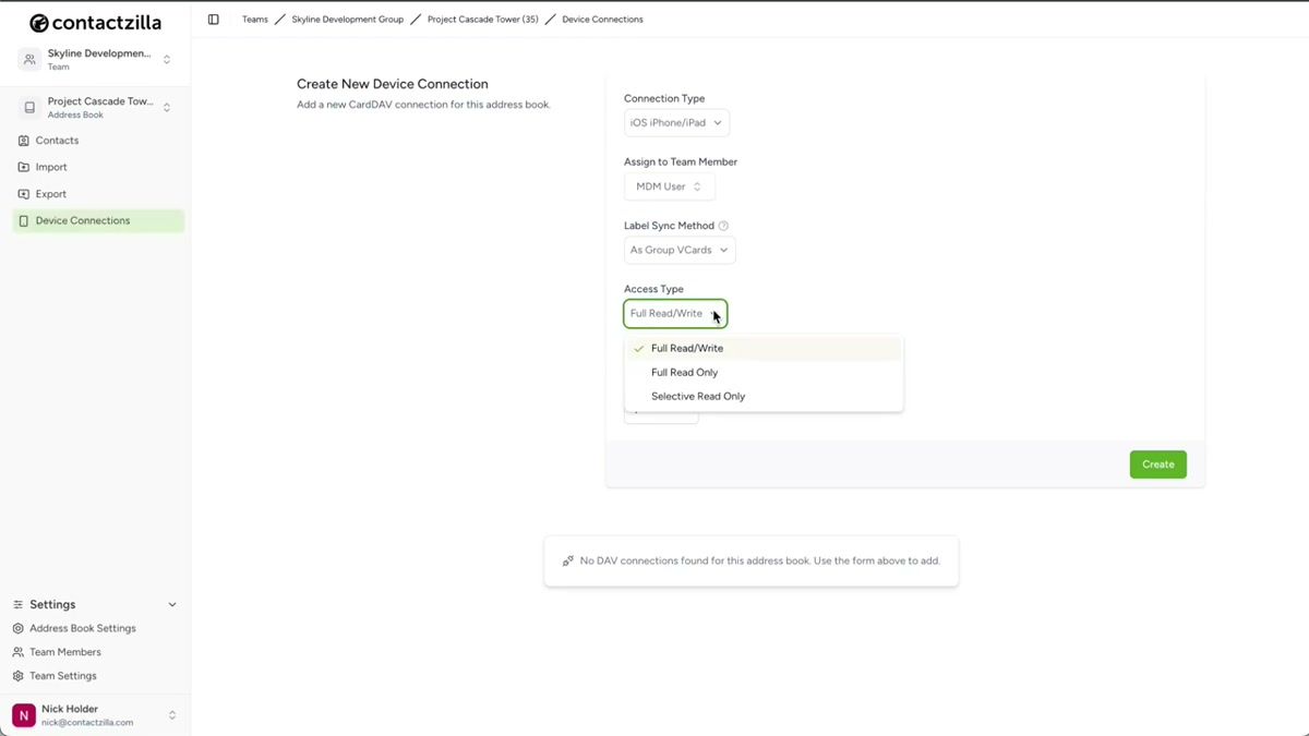Contactzilla device connection settings showing access level options including read-only, read-write, and selective read-only
