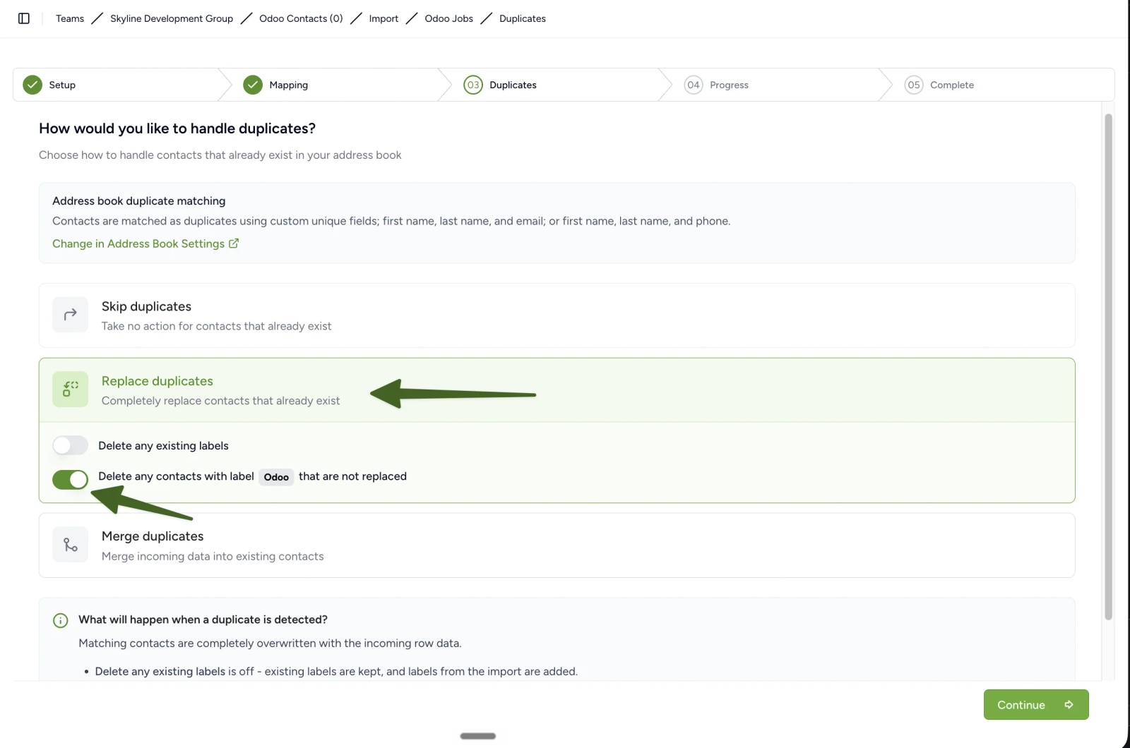 Contactzilla Duplicates step set to Replace duplicates, with Delete any contacts with label Odoo that are not replaced switched on.