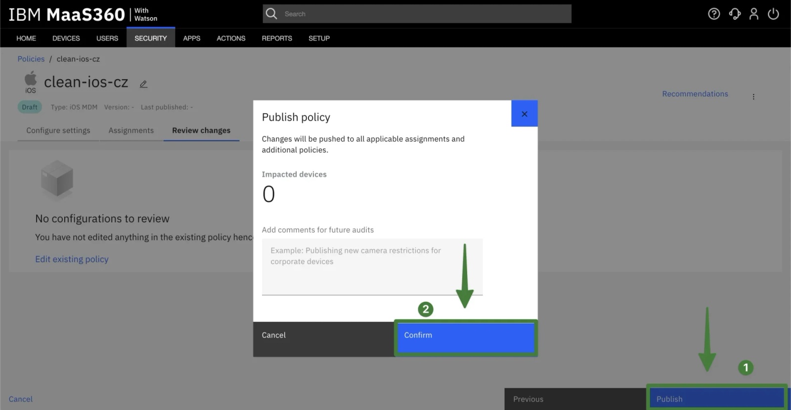Publishing the Contactzilla iOS CardDAV policy in IBM MaaS360 by confirming the Publish policy prompt.