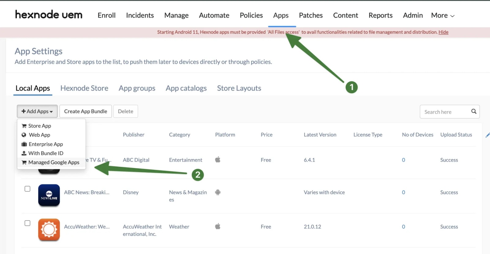 Hexnode UEM Apps screen showing the Add Apps menu with Managed Google Apps selected to add Contactzilla Sync from Google Play for Android devices.