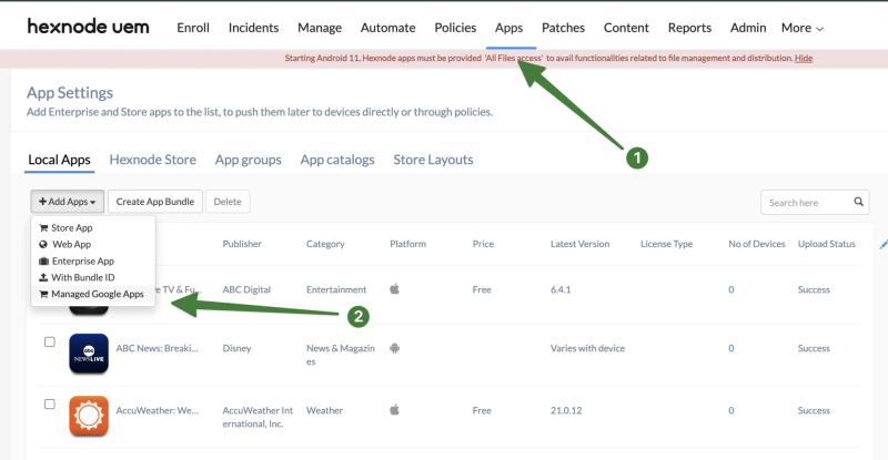 Hexnode UEM Apps screen showing the Add Apps menu with Managed Google Apps selected to add Contactzilla Sync from Google Play for Android devices.