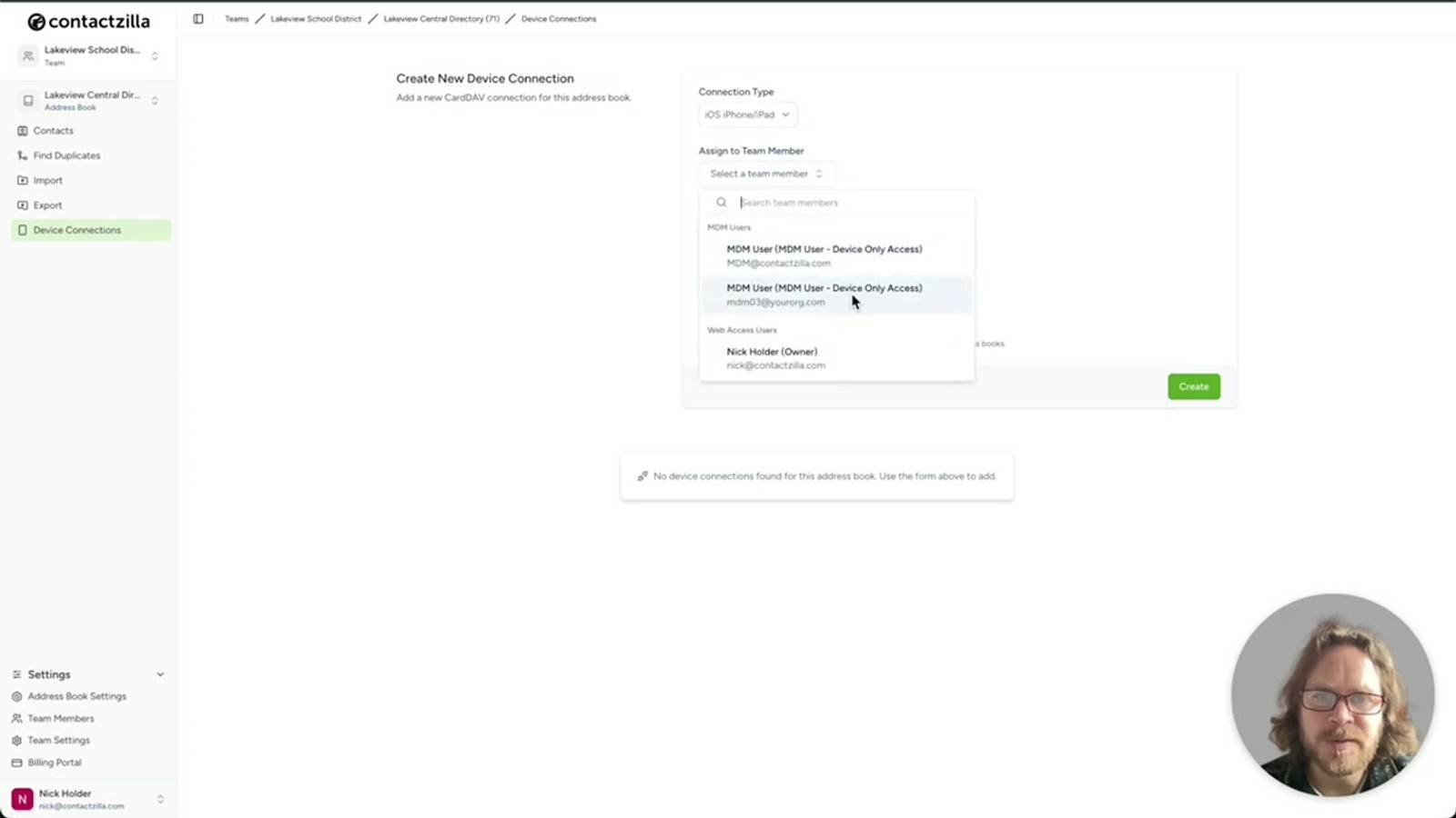 Contactzilla Device Connections screen with iOS connection type selected and MDM user assigned