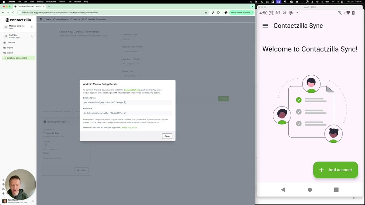 Manual setup screen showing email, username, password fields and a Play Store download link for Contactzilla Sync