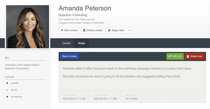 Contactzilla interface showing adding notes to a contact.