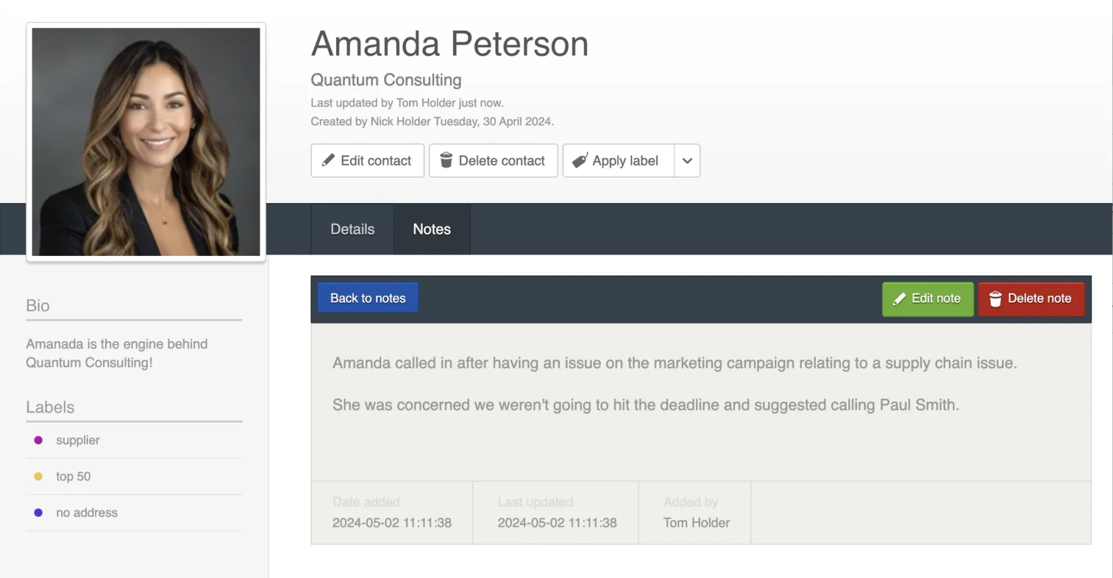 Contactzilla interface showing adding notes to a contact.