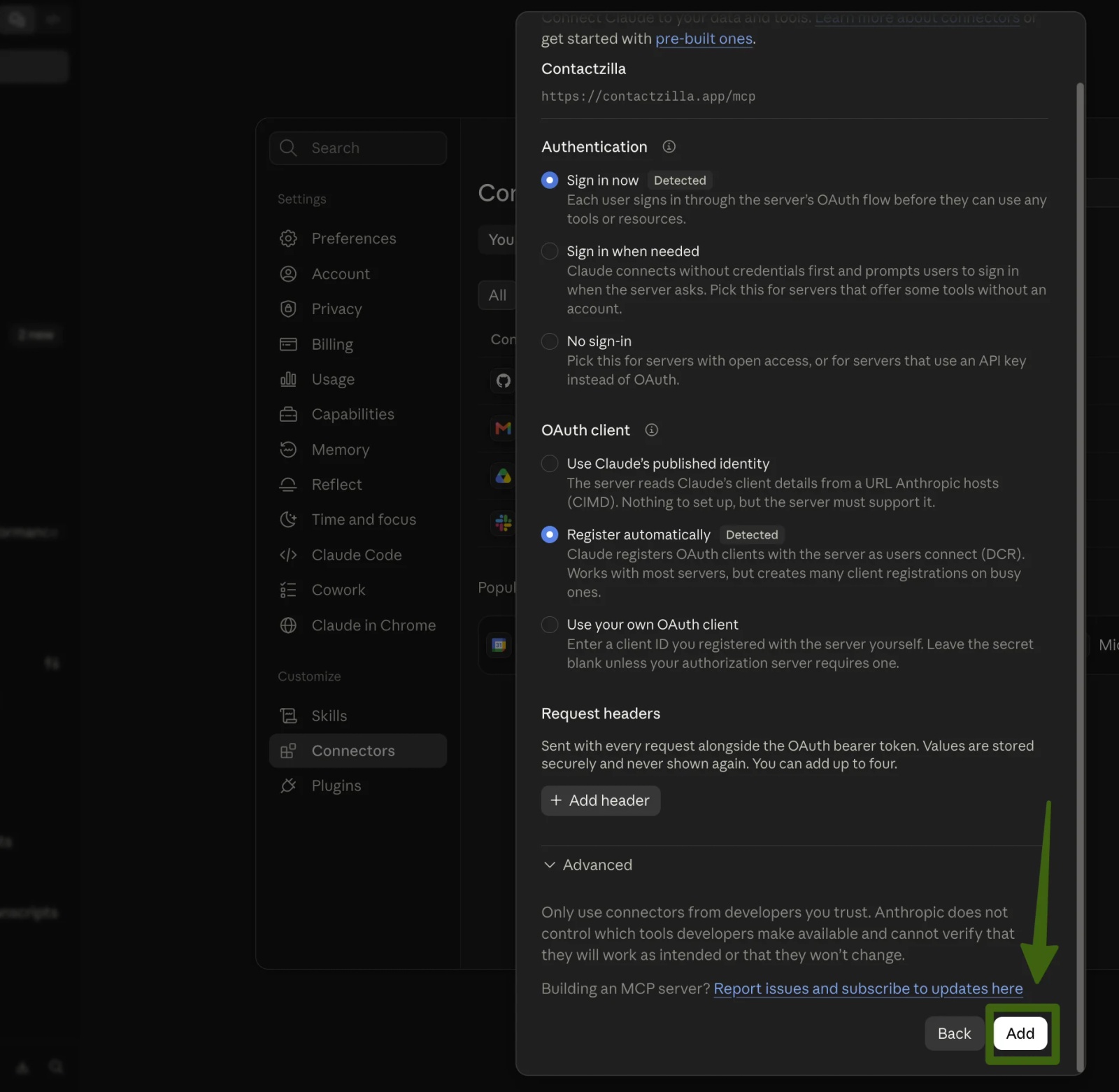 Add custom connector dialog in Claude showing the Authentication and OAuth client sections left on their detected defaults, with the Add button highlighted.