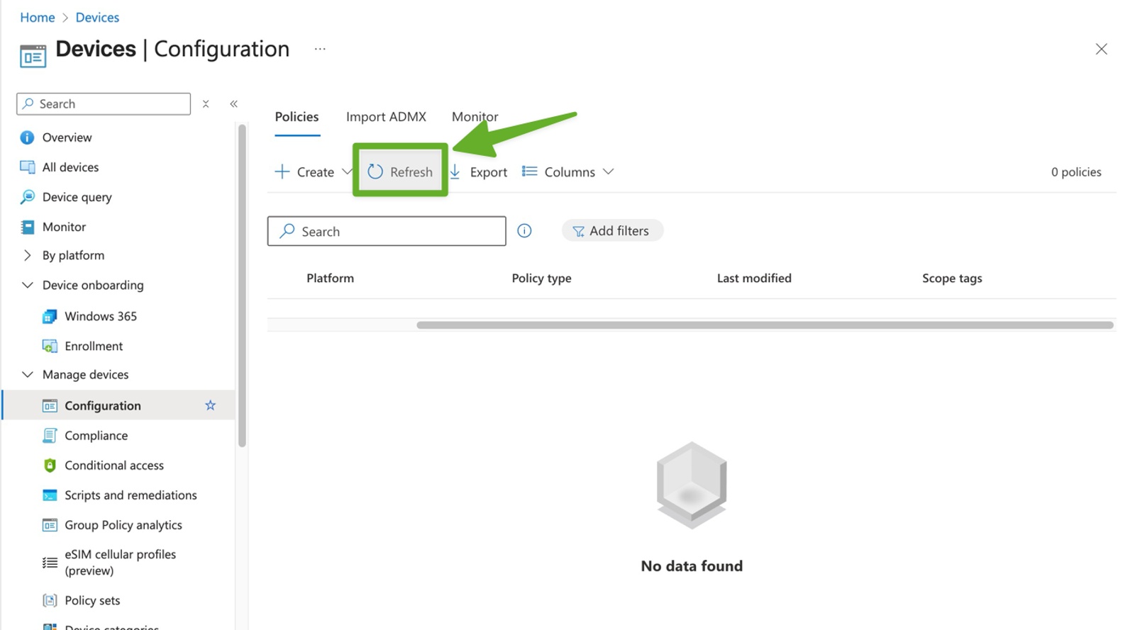 Microsoft Intune Configuration screen showing how to refresh the view to display the newly created Contactzilla CardDAV policy.