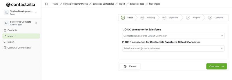 The Salesforce importer tool in Contactzilla showing the OIDC connector for Salesforce being setup being to enable synchronization of contacts between salesforce and contactzilla.