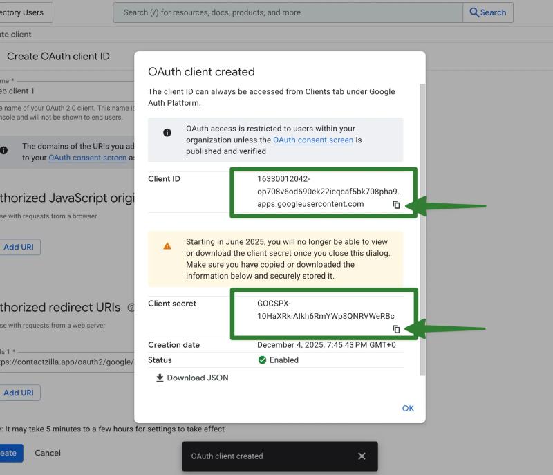 Google Cloud dialog displaying the newly created OAuth client ID and client secret for Contactzilla integration.