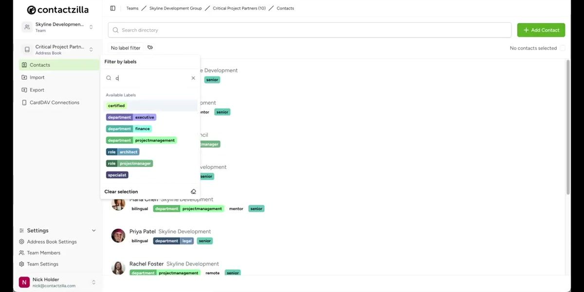Contactzilla interface showing team member access level configuration