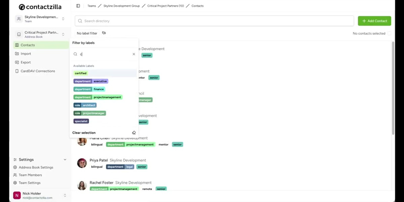 Contactzilla interface showing team member access level configuration