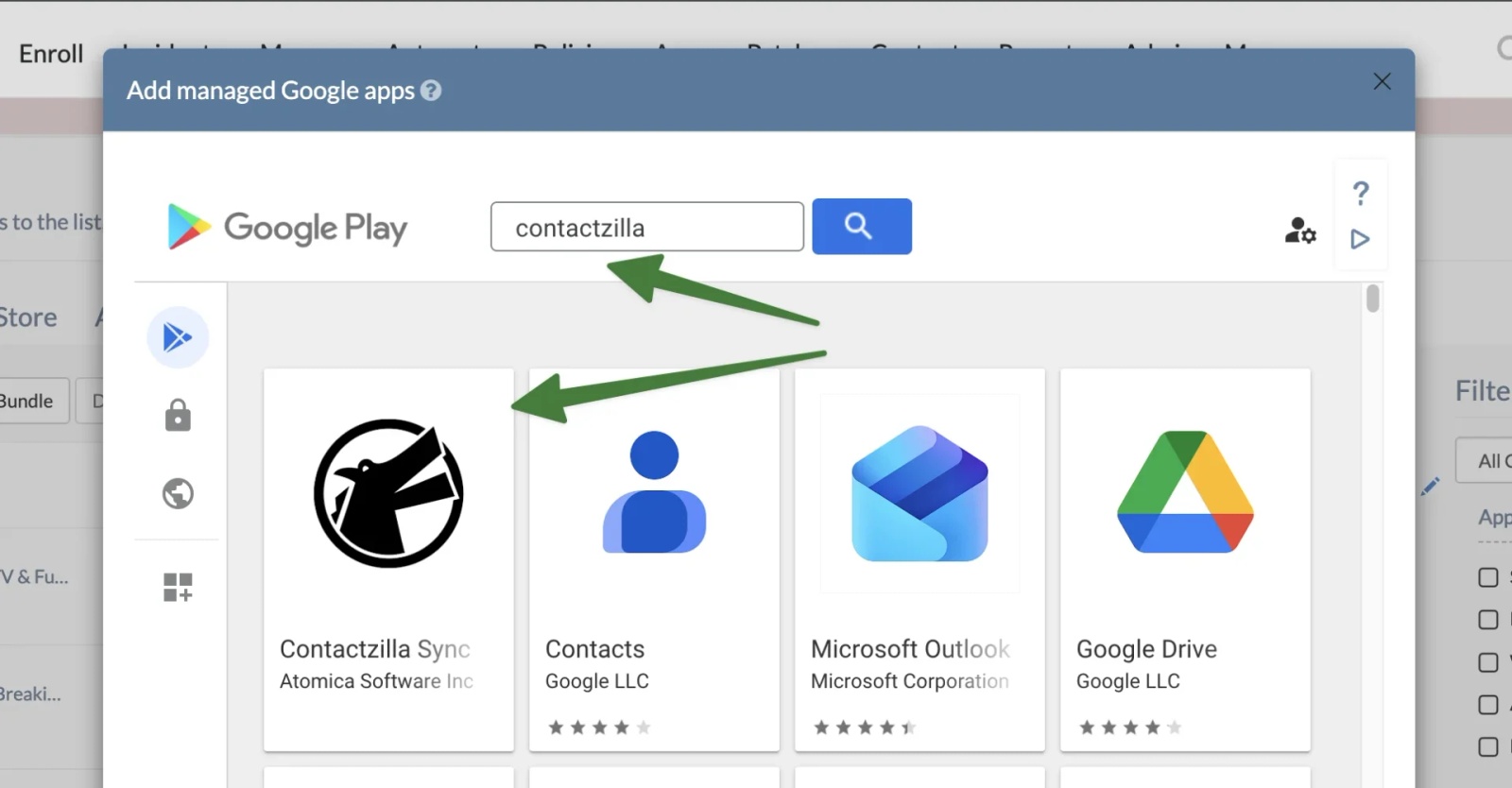 Hexnode managed Google Play search screen with Contactzilla Sync highlighted, showing how to find the Contactzilla Sync app for Android Enterprise deployment.