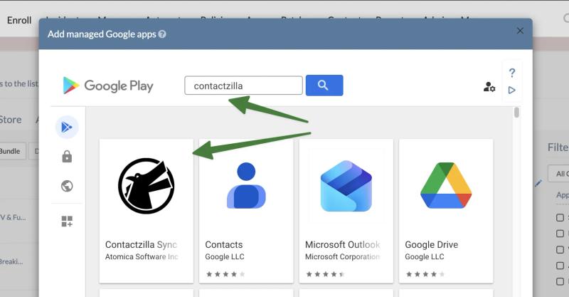 Hexnode managed Google Play search screen with Contactzilla Sync highlighted, showing how to find the Contactzilla Sync app for Android Enterprise deployment.