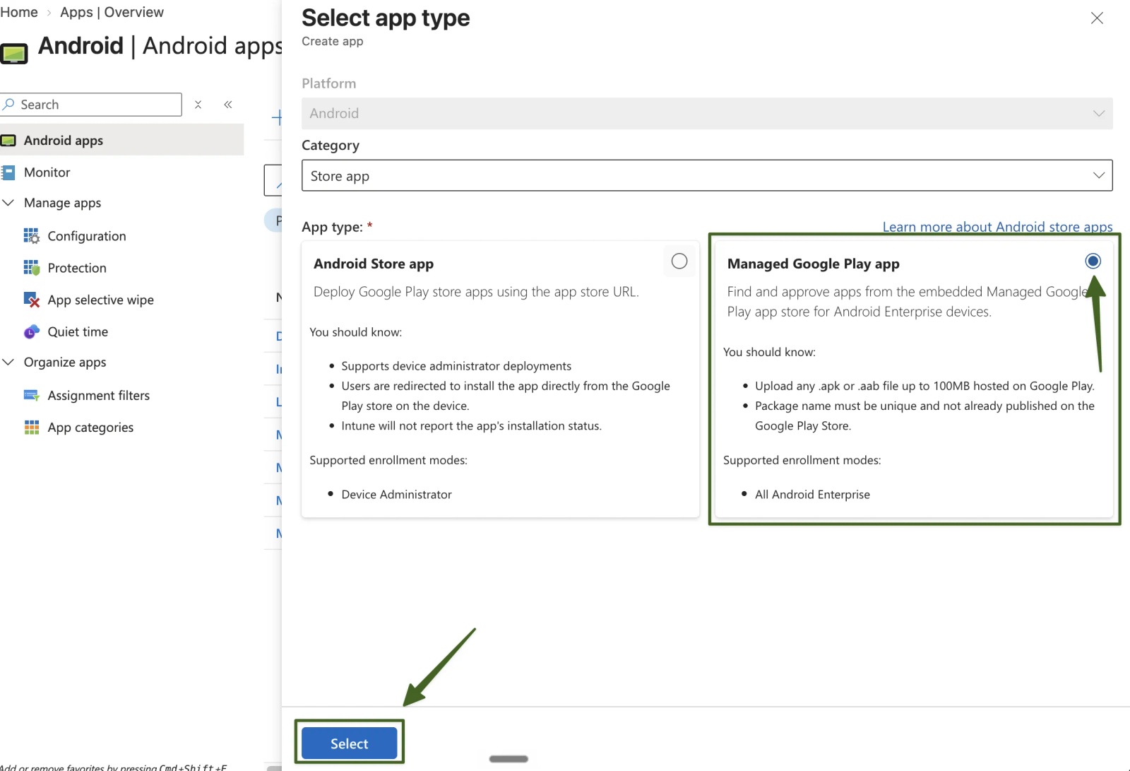 Intune Select app type panel with Category set to Store app, Managed Google Play app selected and the Select button highlighted