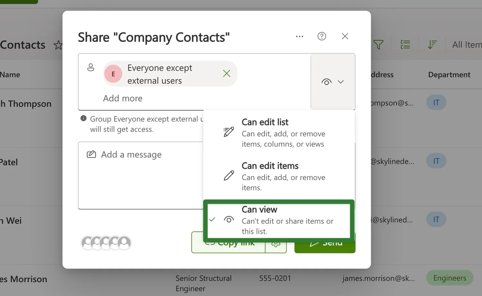 SharePoint empty Company Contacts list showing Edit in grid view button highlighted for enabling inline data entry mode