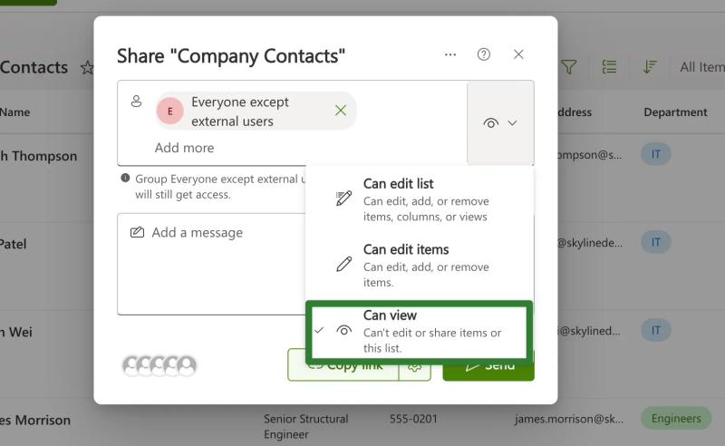 SharePoint empty Company Contacts list showing Edit in grid view button highlighted for enabling inline data entry mode