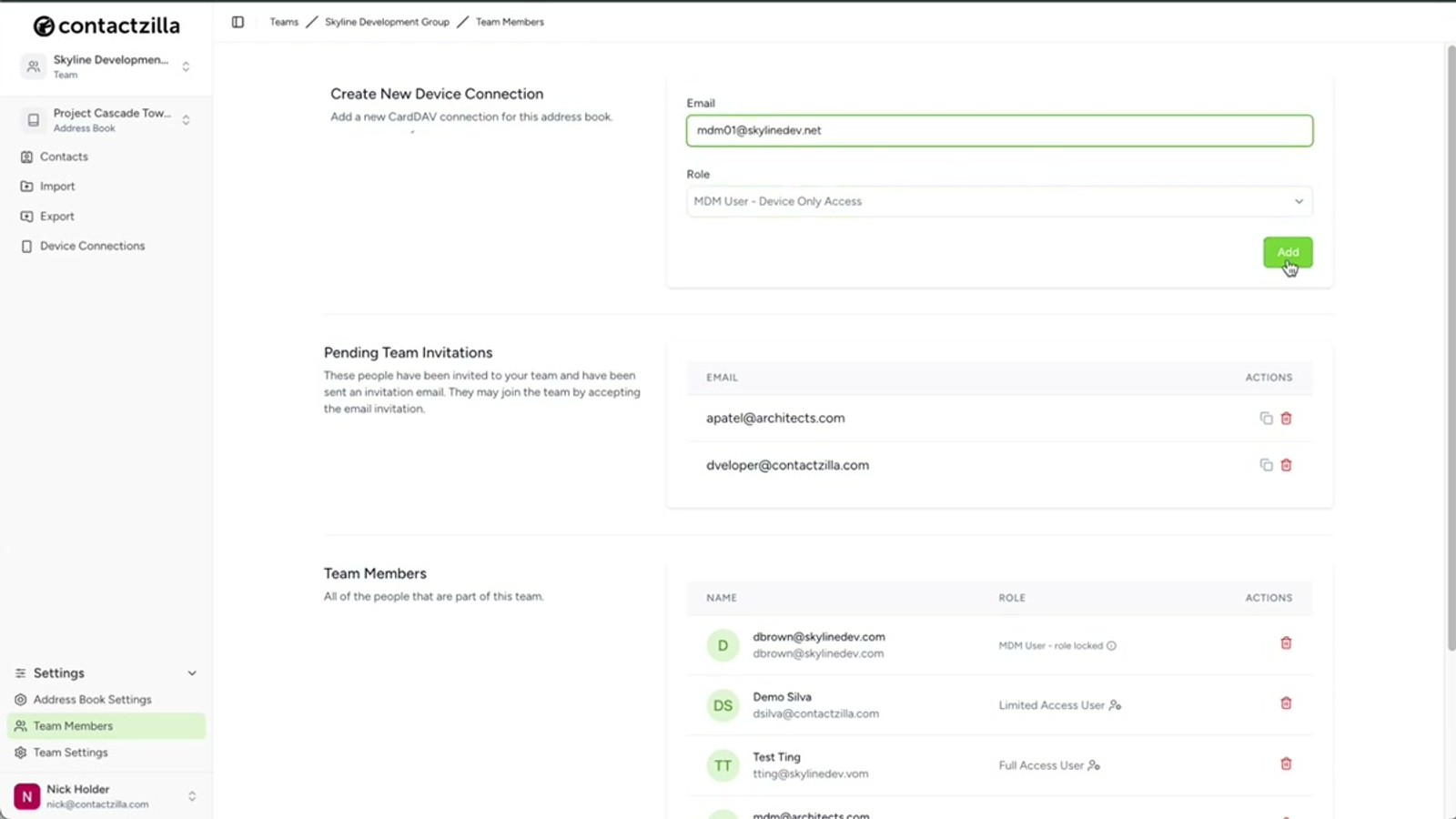 Contactzilla team members page showing the option to add an MDM user with device-only access