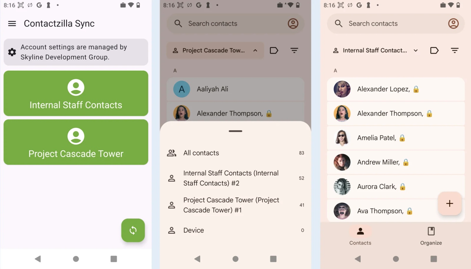 3 screen shots of an android device showing that the 2 address books have been delivered to the native phones contacts app.