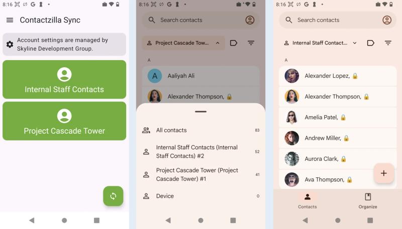 3 screen shots of an android device showing that the 2 address books have been delivered to the native phones contacts app.