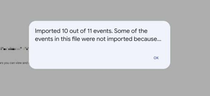 Confirmation message after importing of .ics calendar file is complete.