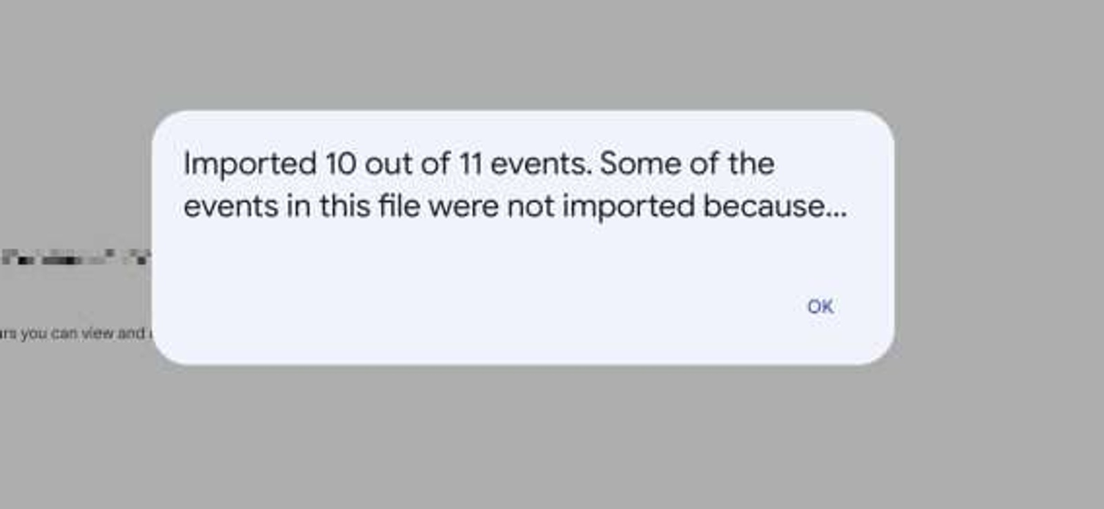Confirmation message after importing of .ics calendar file is complete.