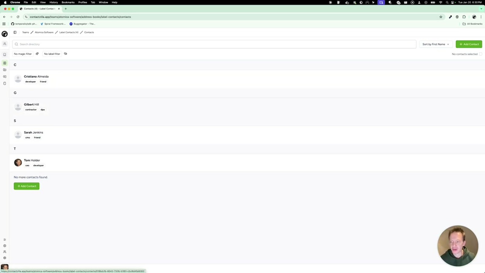 Contactzilla contact list filtered by labels showing the matching any toggle