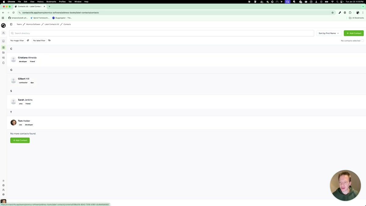Contactzilla contact list filtered by labels showing the matching any toggle